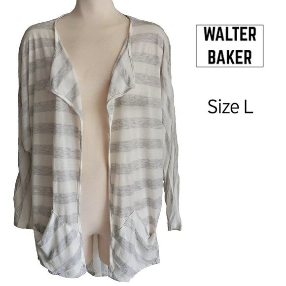 W118 by WALTER BAKER Longline Grey & White Striped Waterfall Open Cardigan L - Picture 1 of 12